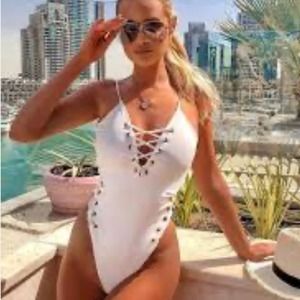 Fashion Nova Santa Fe Plunge Lace Up off white one piece swimsuit SZ 2X NWT